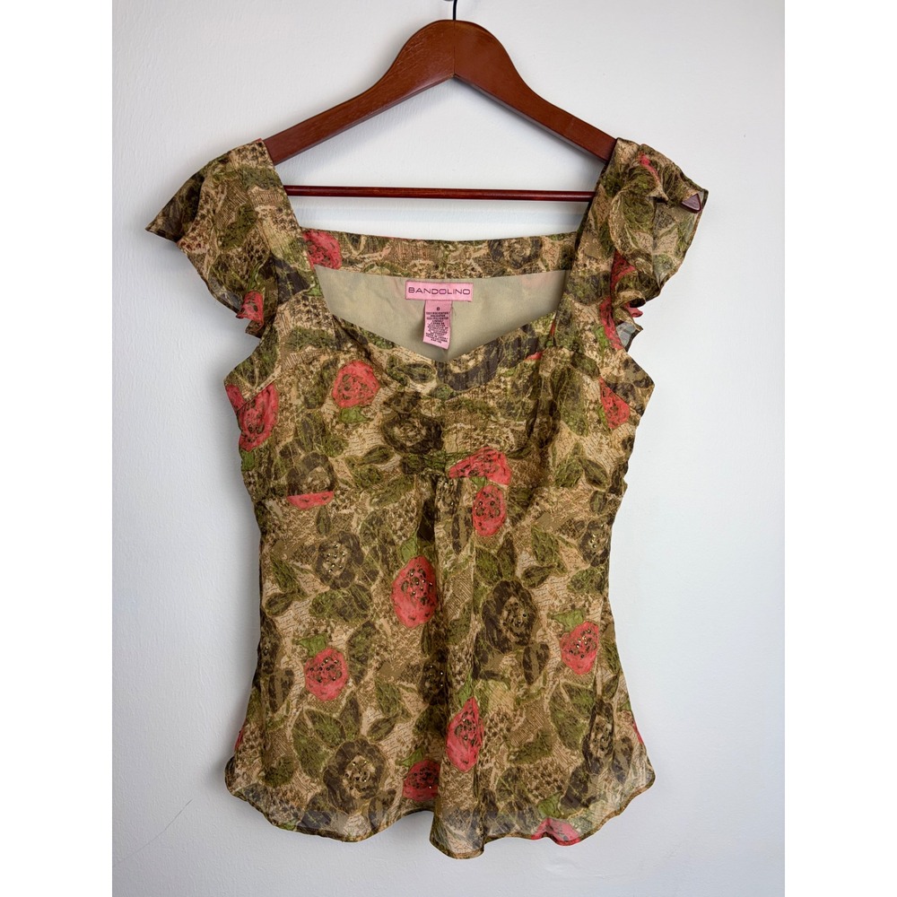 Y2K Bandolino Floral Babydoll Top 8 Green Pink Forest Fairy Sequin Ethereal